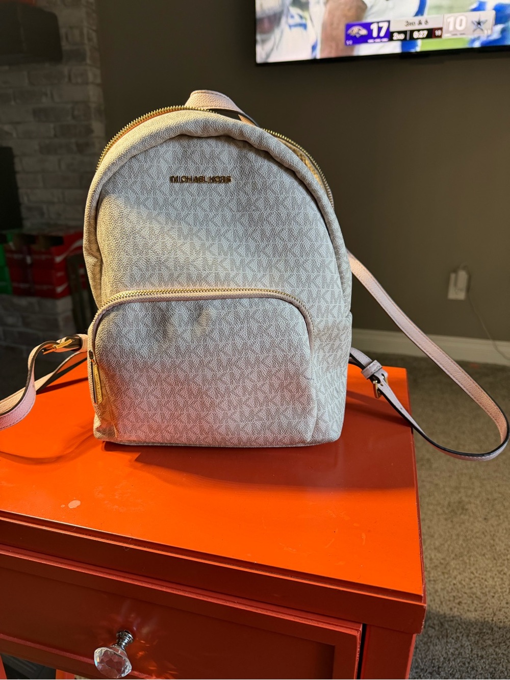 MICHAEL KORS Light Pink Monogram Mini Backpack with Gold Hardware